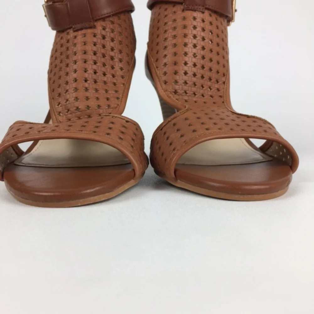 Vince Camuto Womens Brown Woven Leather Peep Toe Sandal Cone Heel size 10
